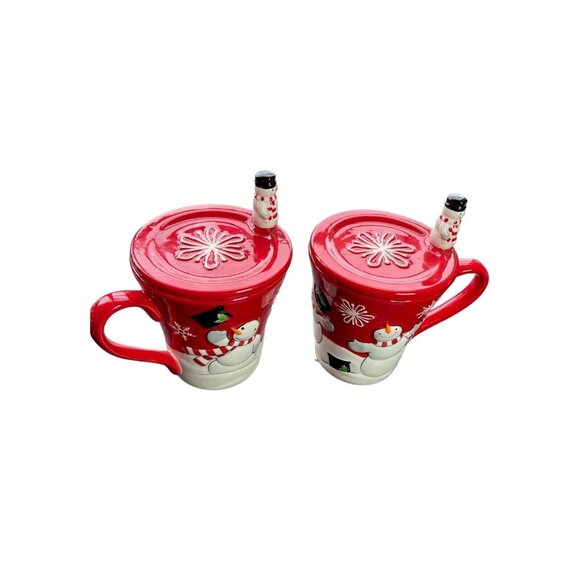 2 St. Nicholas Square Tree Lot Coffee Mug Cups Snowman Christmas 3D With Lids - Picture 2 of 9